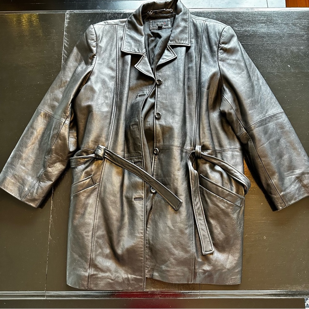 Avenue Black Genuine leather Longer Length Trench Coat Size 22 XL Oversized